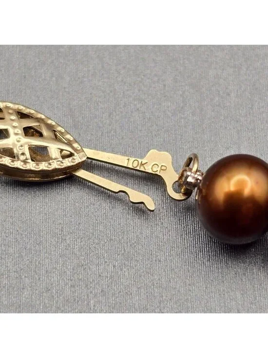 Vintage Bronze Cultured Pearl Necklace 10K Yellow Gold Clasp Hand Knotted 16" - Picture 6 of 10